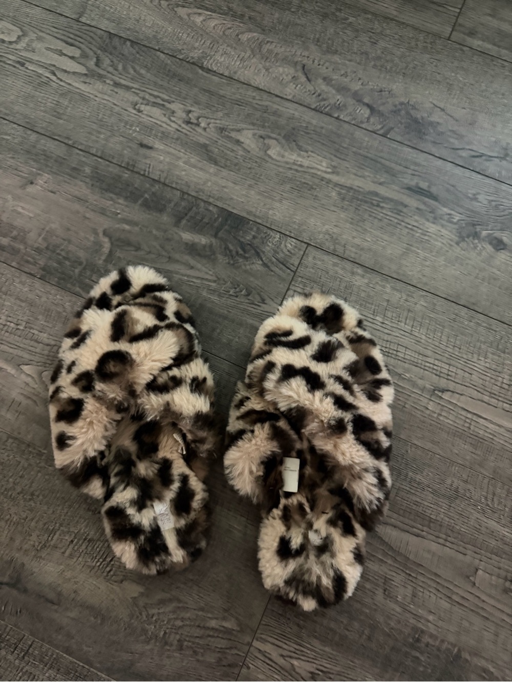 Faux Fur Leopard Print Slide Slippers - Cream/Brown